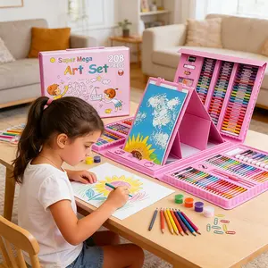 art supplies for kids, 208-Piece Drawing Art Kit,Give gifts to boys and girls, Art Set Crafts Case with Double Sided Trifold Easel, Includes sketch book for kids, Crayons, Colored Pencils (Pink)