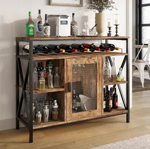 VIVIDWOOD Wine Bar Cabinet with Storage, Industrial Liquor Cabinet with Wine Rack & Glass Holder, Small Wood Metal Cart Bar Table Sideboard Buffet for Home Kitchen Living Room