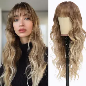 BESTUNG Long Ombre Blonde Wavy Wig with Bangs for White Women Dirty Blonde Natural Looking Female Wigs With Dark Roots Synthetic Fiber Hair Wig for Daily Party Use Chest Length Curly Wig