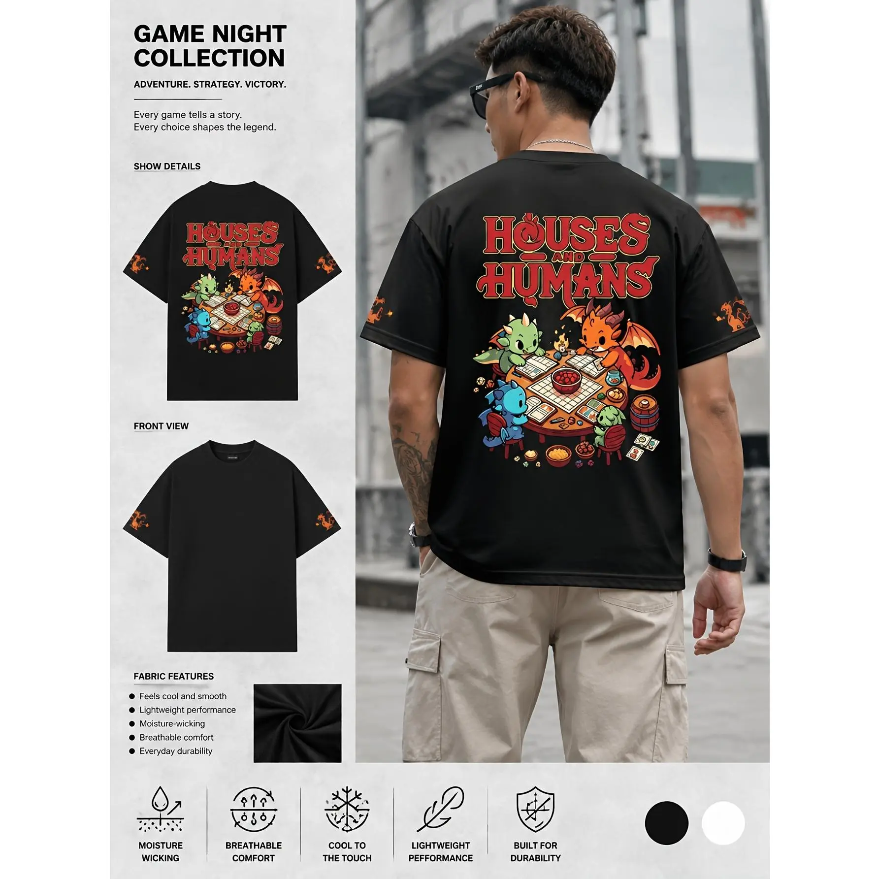 Cute Dragons Board Game Graphic Oversized T-Shirt, Cool Touch Breathable Moisture Wicking Durable Unisex Casual Tee In Black And White