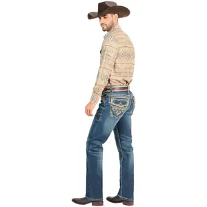 MONTERO Cowboy Denim Jeans MT4640 Medium Blue for Men - Classic Button Closure and Embroidered Embellishments - Casual