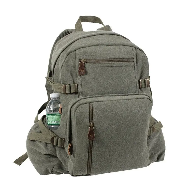Olive Drab Jumbo Backpack, Military Style Cotton Canvas Rucksack with 3 Outside Zippered Compartments for Camping & School, 18" x 13.5" x 7", 0.625" Padding
