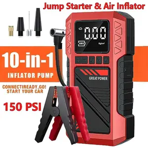 10-In-1 Car Battery Starter Kit with 150 Psi Air Compressor, Portable 12V USB Charger, LCD Display, LED Flashlight, Easter Sale!