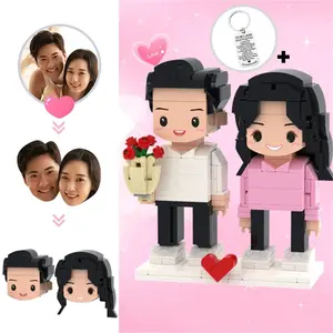 Gifts for Her Custom Head Cute Brick Figures Personalized 2 People Brick Figures with Roseand Keychain Set Gift for Couple