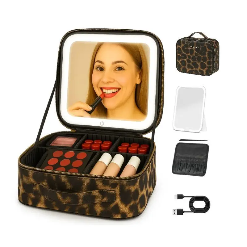 Behaesty Leopard Print 3-in-1 LED Vanity Makeup Bag with 3 Detachable Mirrors & Adjustable Dividers for Travel Desk or Dorm USB Rechargeable Stylish O