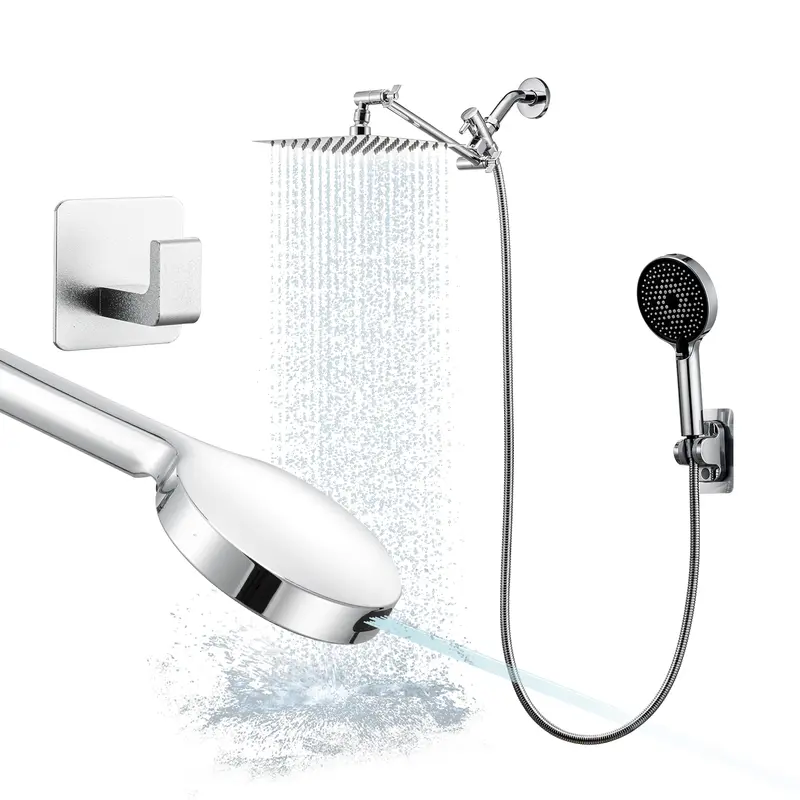 8-inch high-pressure rain shower/hand shower combo with 11-inch extension arm, 4-speed high-pressure shower head, bracket/hose, flow regulator, and no-drill hook. Dual Shower Head Adjustable Handheld