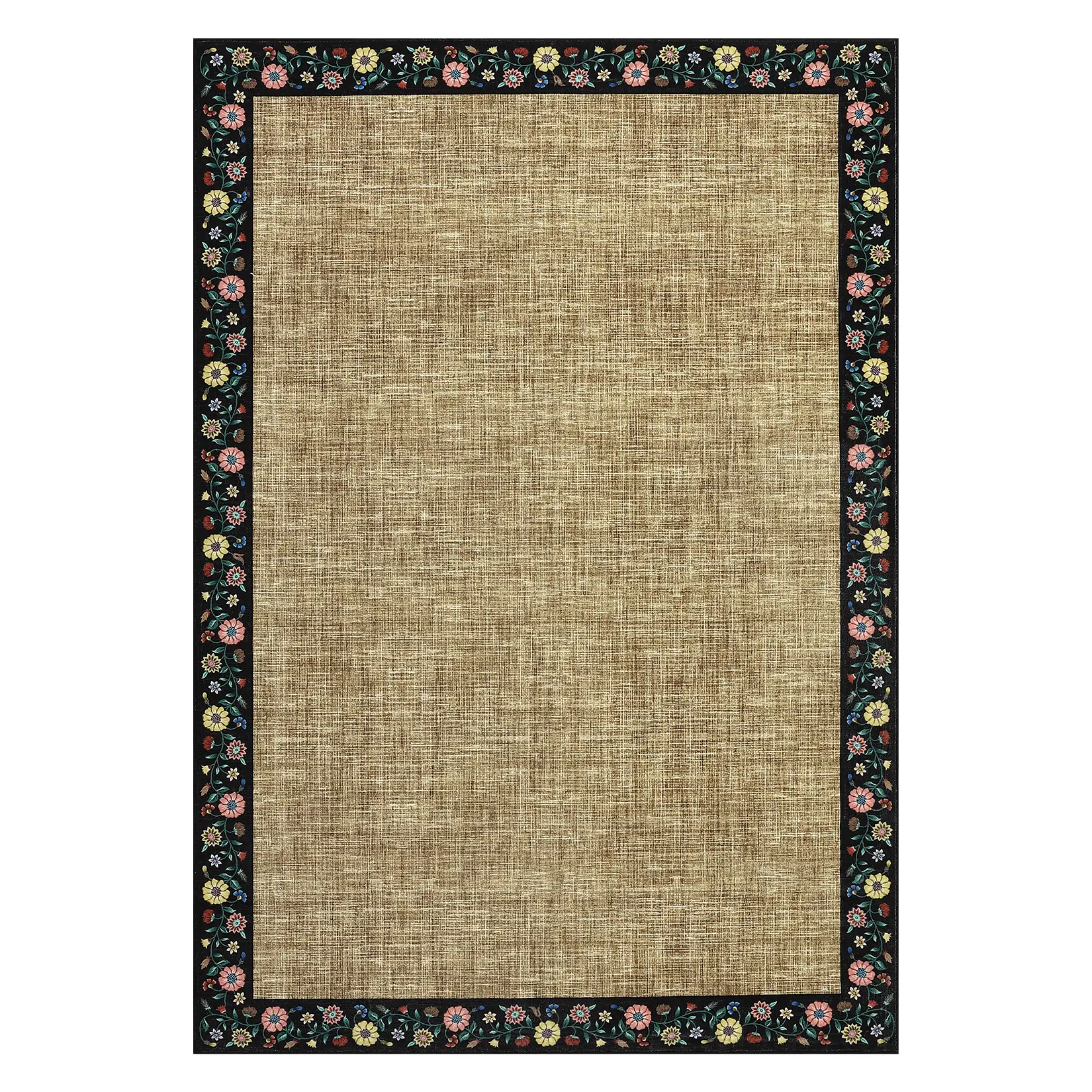 Polyester Rectangular Area Rug 2x6ft (61x183cm) - Modern Low-Pile Non-Slip Washable Runner, Soft Floral Print with Floral Edge, Mark-Resistant Thin Throw Mat for Hallway, Kitchen, USA Yellow Unfold Flat