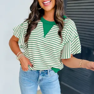 Women's Striped Casual Tee,Contrast Color Trim Ruffle Short Sleeve Top,Soft Tshirt