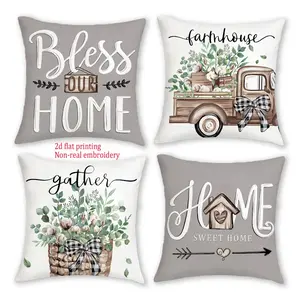 Set of 4 Farmhouse Style Throw Pillow Covers, 18X18 Inches, Featuring Eucalyptus Leaves And a Truck with The Phrase 'Sweet Home'. Perfect for Spring And Summer Decor, Suitable for Outdoor And Indoor Use on Porches, Patios, Couches