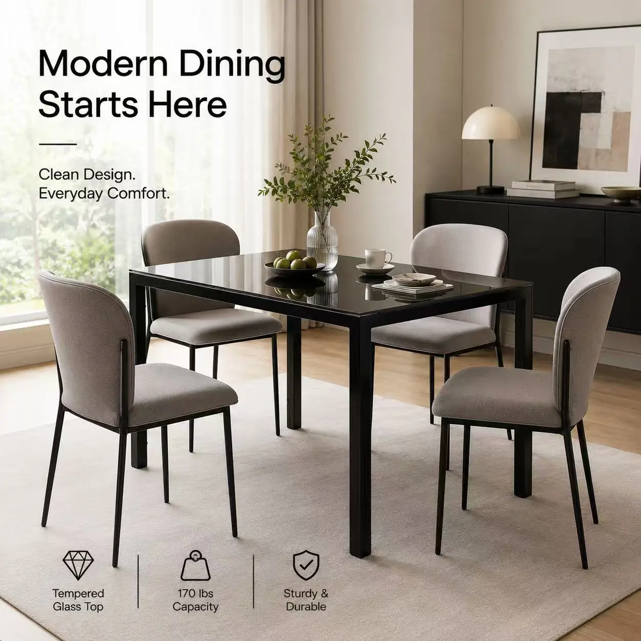 47.25” Tempered Glass Dining Table for 4, Modern Black Metal Frame Kitchen Table for Small Spaces & Apartments, Easy-Clean Rectangle Dinner Table with Heavy-Duty Glass Top furniture