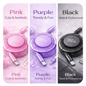 100W Retractable USB-C Cable Compact Tangle-Free Easy to Carry in Pink Purple Black for Everyday Use