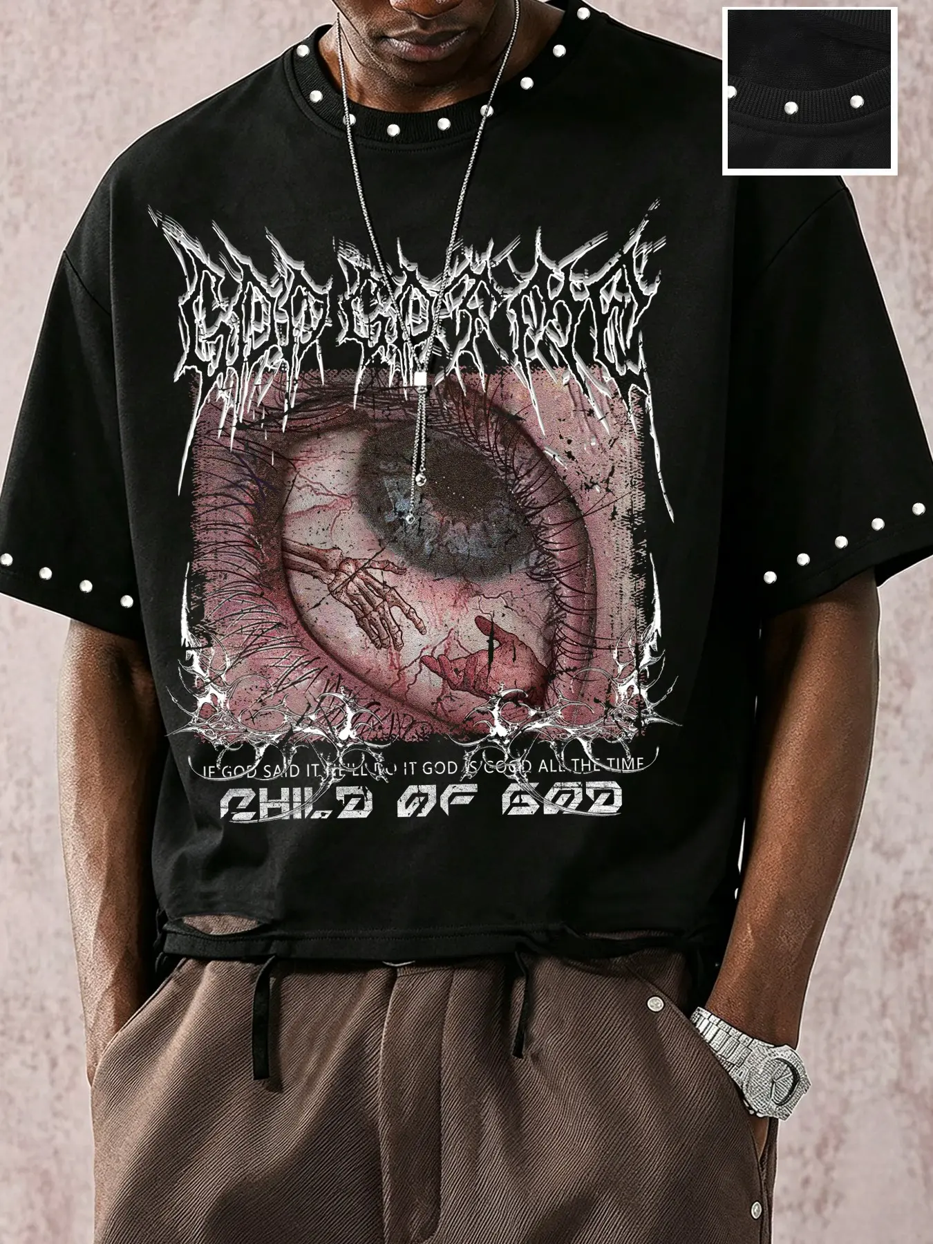 Men's Casual Short Sleeve T-Shirt, Death Metal Font, Dark Print, Child of God Slogan, Ripped Hem, Comfortable Fabric, Daily Wear
