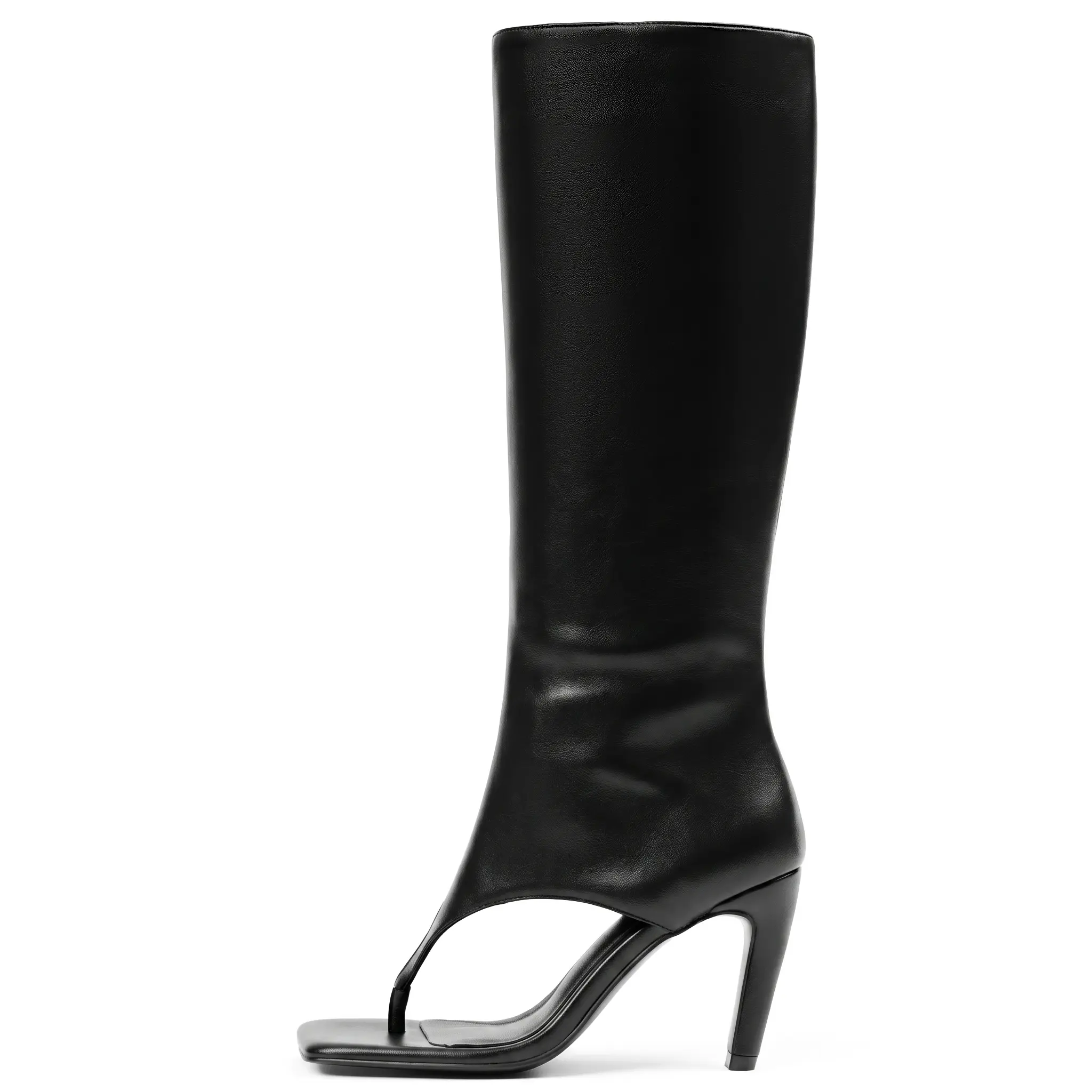 Custom Made Womens Thong Cutout Knee High Stiletto Boots Smooth Faux Leather Square Toe Comfort Cushioned Insole Slim Fit Tall Sandal Boots For Y2K Women Solid Black Great For Club Date Party Streetwear Daily Outfits