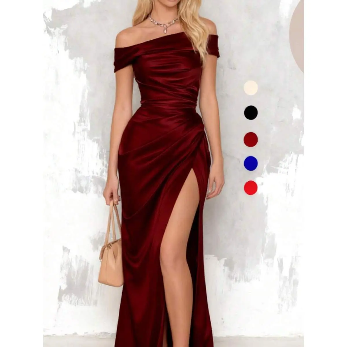 Women's Off-Shoulder Ruched Maxi Dress with Side Slit - Formal Wedding Dresses for Parties, Special Occasions
