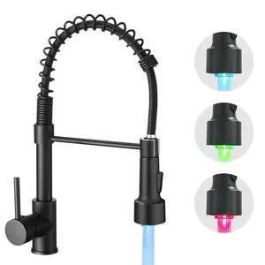 Black LED Kitchen Faucet with Pull Down Sprayer, Modern Single Handle Stainless Steel Commercial Spring Sink Faucet with LED Light for Pot Filler, Farmhouse Camper Bar Laundry Room