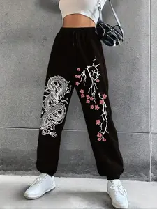 Women's Floral & Dragon Print Drawstring Waist Thermal Lined Knit Fitted Sweatpants, Casual Pocket Jogger Pants for Spring & Fall, Fashion Women's Trousers for Daily Wear