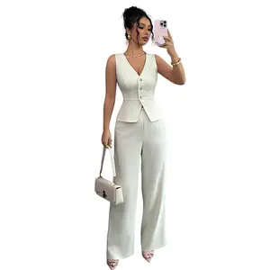 Summer new women's suit solid color sleeveless slim fit vest high waisted pants two-piece set