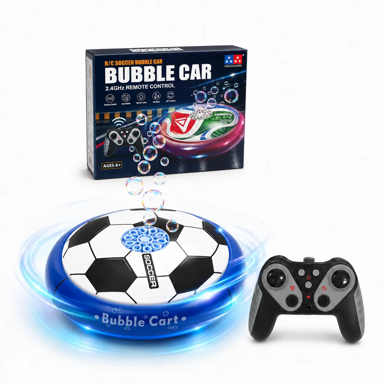 UFO Soccer Car Bubble Blower Maker for 8-10 Years Unisex Kids, Multifunction Outdoor Bubble Machine with 360° Spinning, Color-Changing LED Lights, Music, Remote Control & Built-in Batteries Flying Saucer