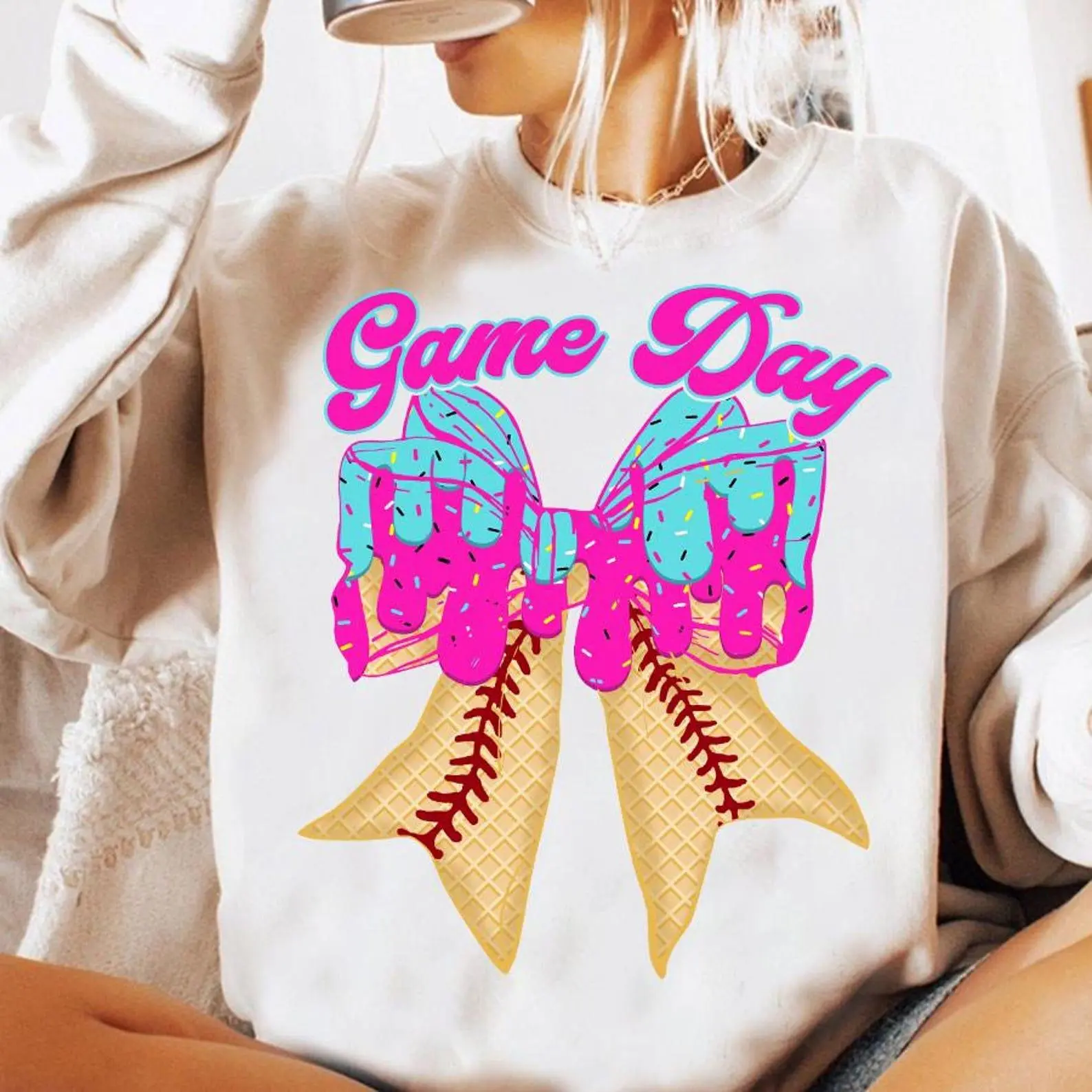 Coquette Baseball Game Day Drip Bow Sweatshirt, Ice Cream Drip Sweater, Respect The Drip Baseball Mama Crewneck, Baseball Sis, Dripping Baseball Waffle