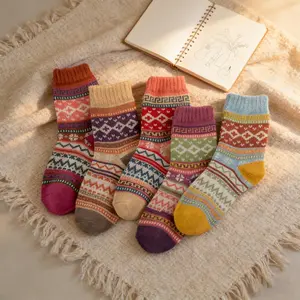 5 Pairs Women's Wool Socks for Fall and Winter Thick Thermal Nordic Folk-Style Warm Cozy Christmas Gifts Cold Weather Wear