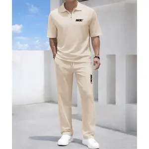 Men’s Sport Stripe Graphic Polo Set Waffle Knit – “NICE” Letter Print Short Sleeve Zip-Up Polo Shirt and Athletic Pants Set, Lightweight Breathable Comfortable Casual Sportswear, Travel Outfit, Loungewear