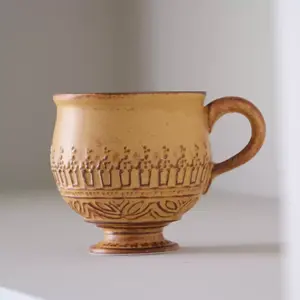 260ML Handmade Rustic Stoneware Coffee Mug – Vintage Relief Pattern, Earthy Glaze with Natural Iron Spots, Unique Retro Cup for Latte, Espresso, & Tea
