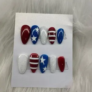 Red White and Blue Fourth of July Almond Press On Nails with Nail File Cuticle Pusher Alcohol Wipe Glue Care Card for Special Events Everyday Glam