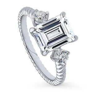 BERRICLE Sterling Silver 3-Stone Woven Wedding Engagement Rings for Women, 2.6 Carat Emerald Cut Cubic Zirconia CZ Ring