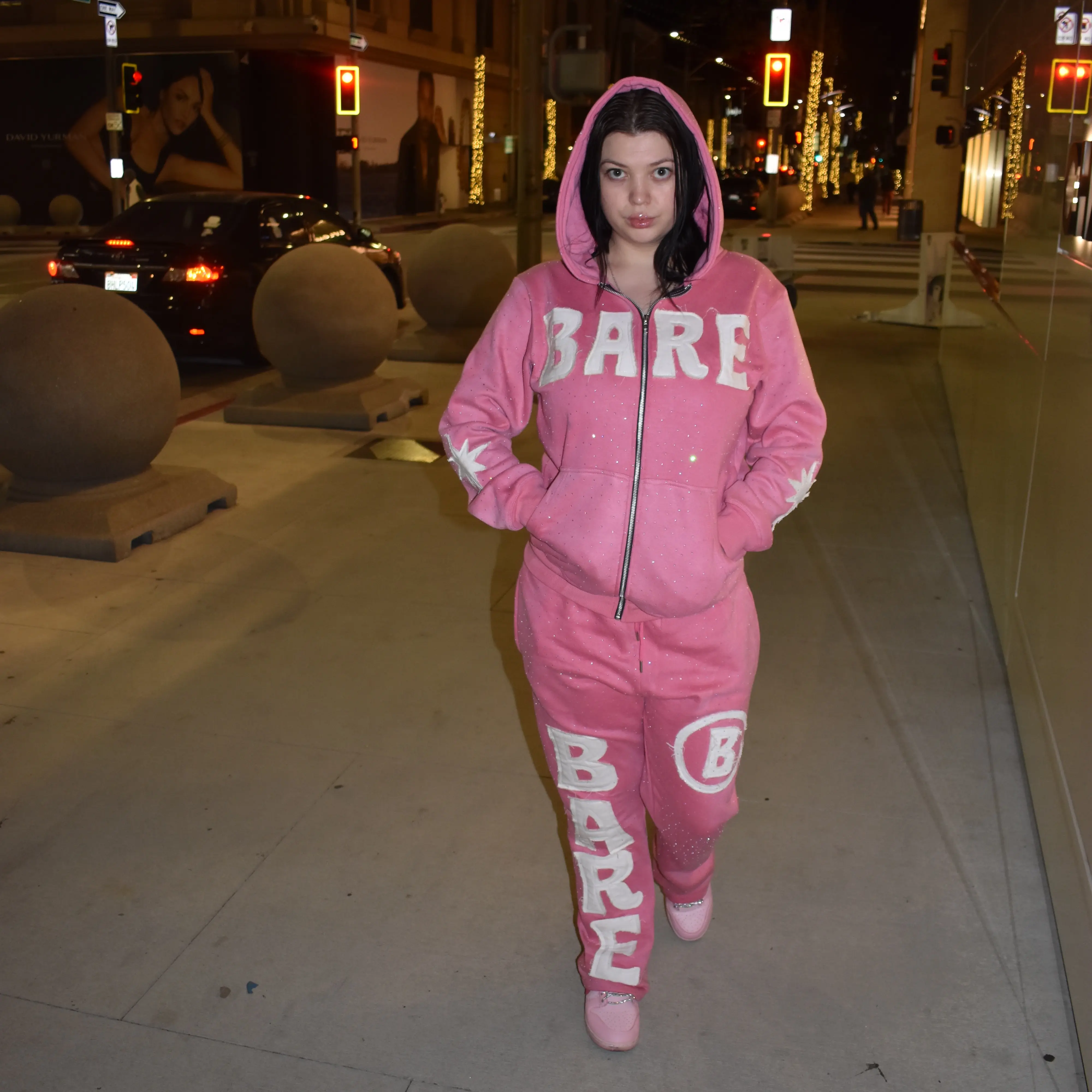 Pink rhinestone flare pants set