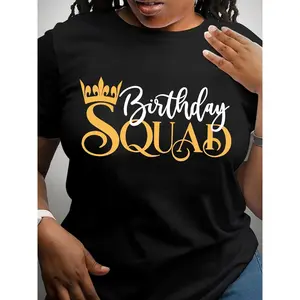 Women's "Birthday Squad" Graphic T-Shirt - Black, Golden Crown Design, Short Sleeve Crew Neck Casual Top for Spring & Summer 524