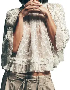 Women Boho Flowy Lace Blouse Long Sleeve Crew Neck See Through Ruffle Sheer Tops Jacket-like Coverall with Sun Protection Function