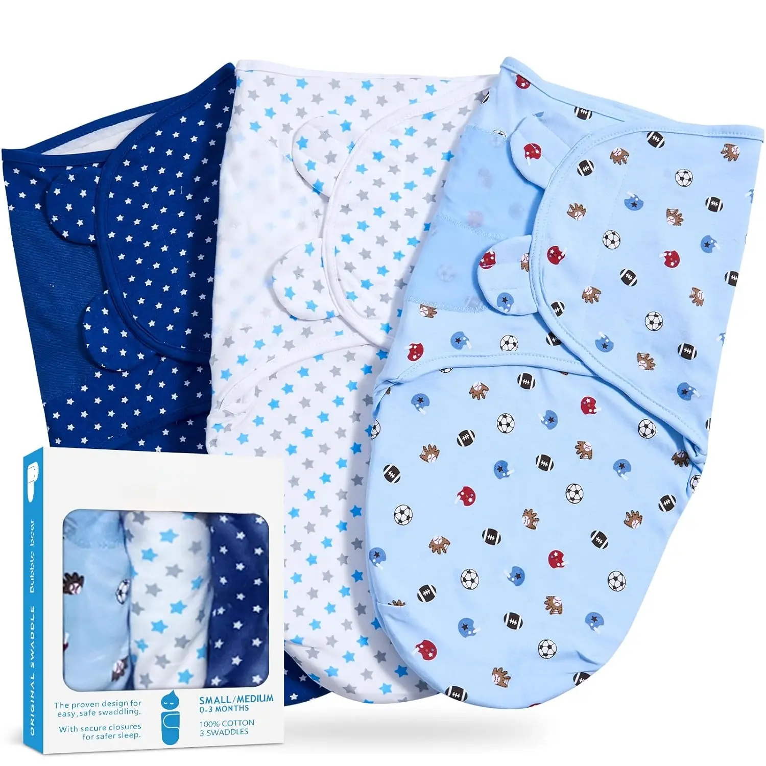 Bubble bear 3 Pack Baby Swaddle 3-6 Months Infant Adjustable Newborn Swaddles Blanket for Baby Girl Boy Blue Sleep Sack Swaddling Wrap Blanket