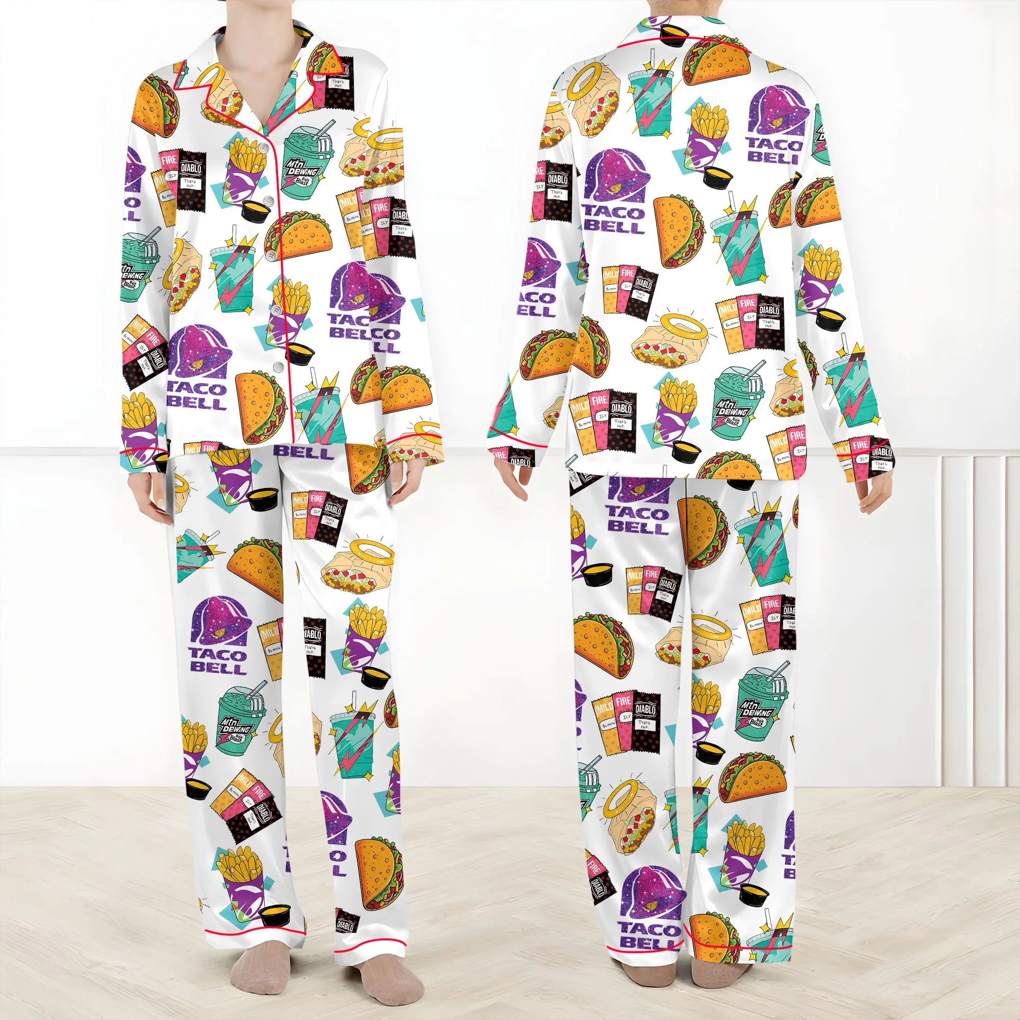Taco Bell Short Satin Pajamas, Fast Food Print Sleepwear Set for Women, Silky Lounge Outfit, Fun Pajama Shorts, Taco Bell Fan Gifts