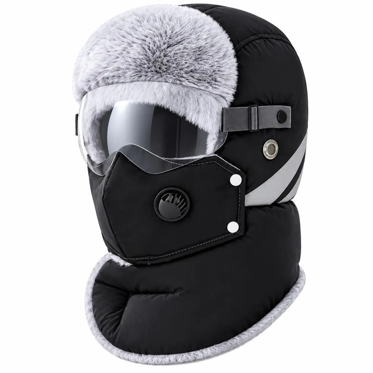 Winter Trapper Trooper Hat, Thick Down Cotton Faux Fur Earflap Hat, Windproof Cold Weather Cap with Detachable Anti-Fog Goggles & Breath Valve Face Mask, Water Repellent Headwear for Cycling Skiing, Unisex Warm Hat for Men Women