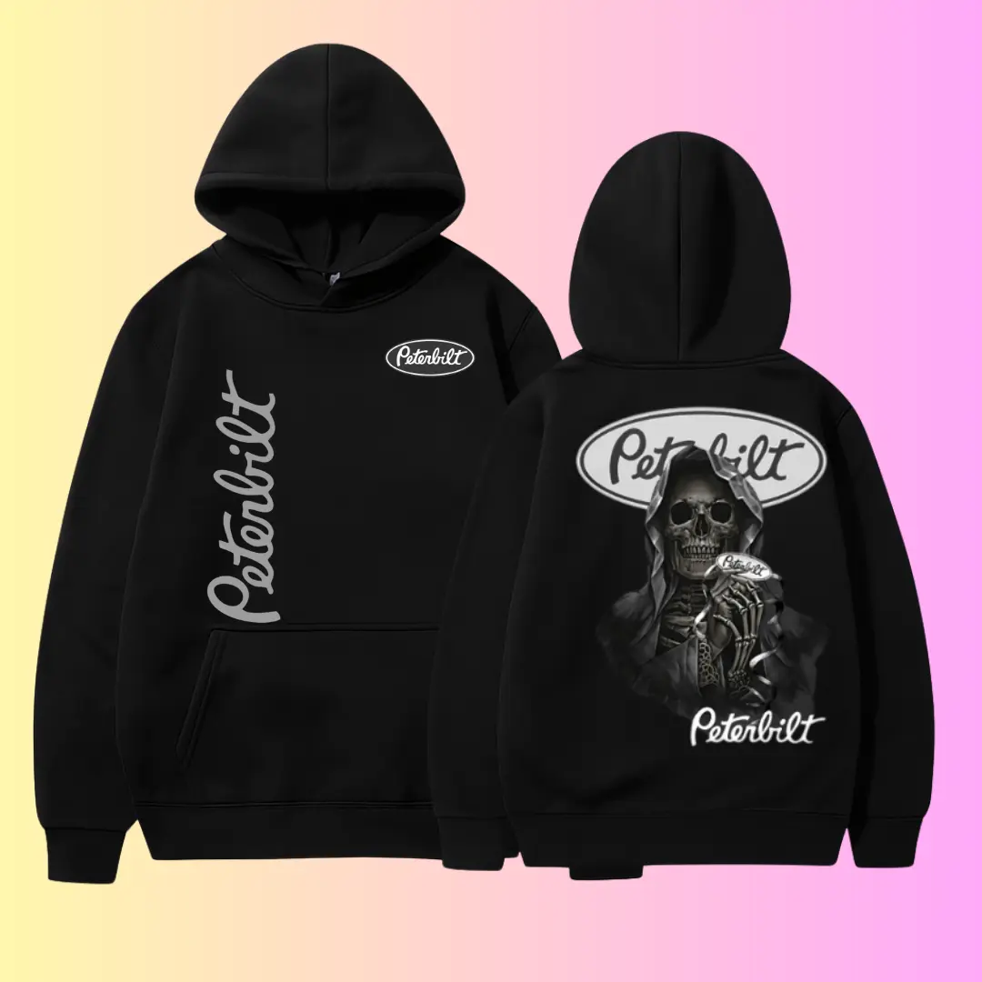 Peterbilt Skeleton Hoodie – 2side Grim Reaper Pullover, Trucker Diesel Skull Hoodie, Gothic Semi Truck Sweatshirt, Horror Graphic Hoodie for Rig Drivers & Mechanics