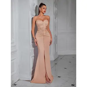 1pc Elegant Polyester Bodycon Mermaid Gown for Women - Bandeau Neckline, Backless Design, Front Slit, Solid Color with Fake Button Detail, Knit Fabric - Perfect for Parties, Weddings & Special Occasions - For Women