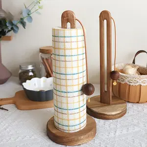 Wooden Kitchen Paper Towel Holder No Drilling Required, Vertical Roll Paper Rack, Plastic Food Wrap Storage Organizer