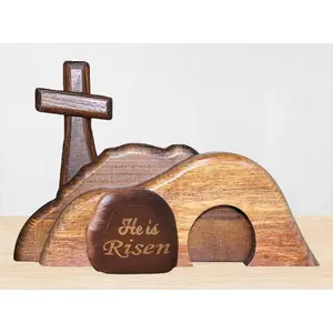 Wooden Empty Tomb Easter Scene & Cross Decor He is Risen Jesus Resurrection Religious Easter Tray for Christian Home Table Decor Easter Gifts