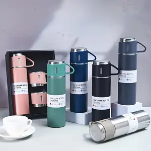 4-Piece 304 Stainless Steel Insulated Water Bottle & Cups Gift Set - 500ml/16.9oz Tumbler Flask, 3 Stylish Small Coffee Cups, 1 Bottle, Triple Lids for Hot/Cold Drinks, Portable Handheld Design, Superior Insulation for Outdoor, Office