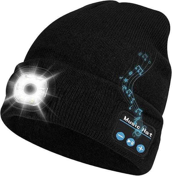 Bluetooth Beanie with a Light, Unisex USB Rechargeable 4 LED Fashlight Hat with Cordless Headphones, Unique Christmas Birthday Gifts for Men Him Husband Teen Black