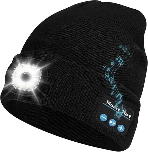 Bluetooth Beanie with a Light, Unisex USB Rechargeable 4 LED Fashlight Hat with Cordless Headphones, Unique Christmas Birthday Gifts for Men Him Husband Teen Black