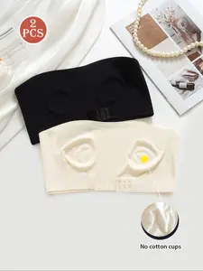 2-Pack Non-Slip Front Buckle Strapless Bralette, Jelly Strip Anti-Slip Push-Up Underwear, Seamless No Wire Unlined Construction Bras for Spring & Fall