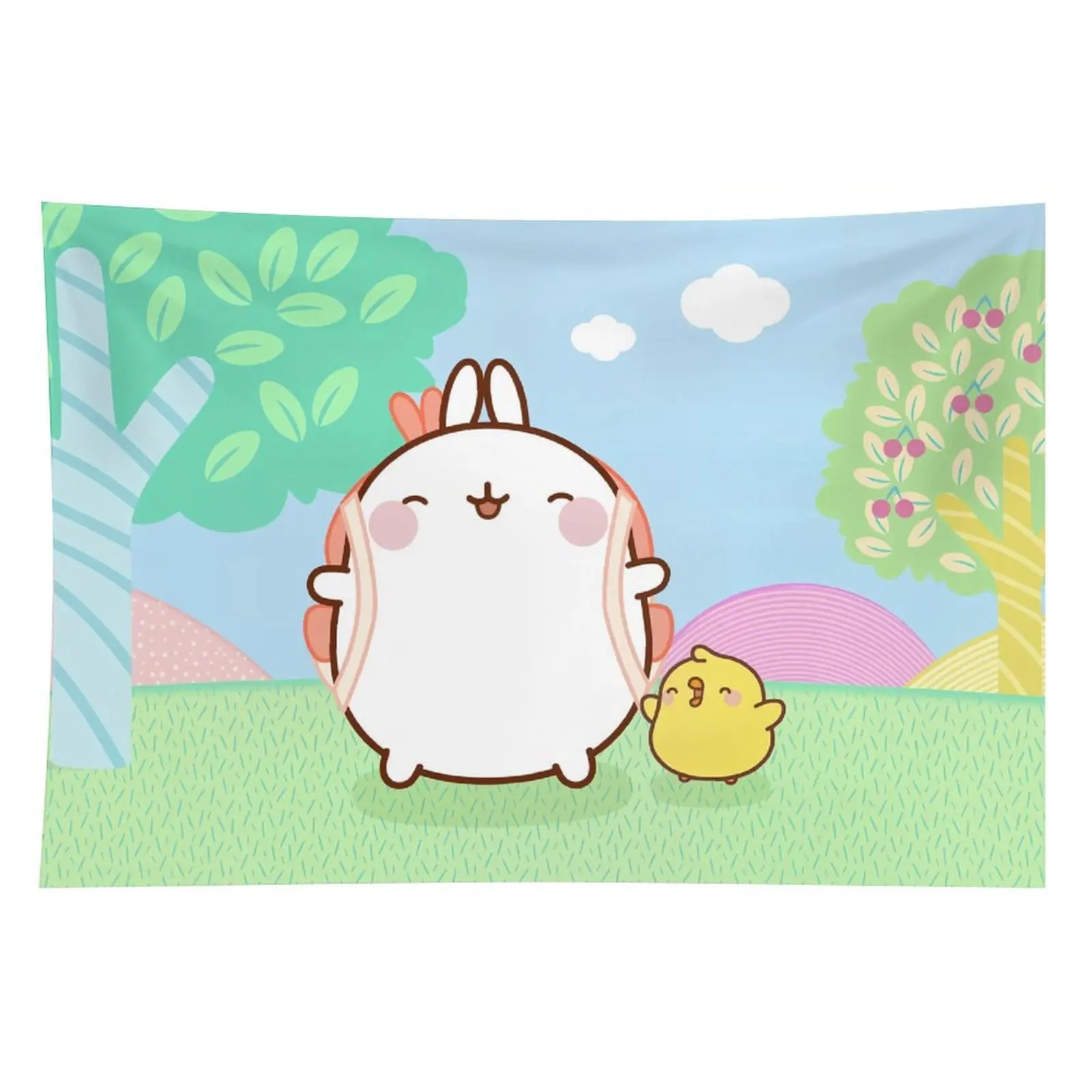 1pc 40x60in Polyester Molang Bunny Decorative Tapestry - Kawaii Rabbit-Chick Print, Colorful Statement Wall Hanging, Pastel Cartoon Bedroom Indoors Home Decor