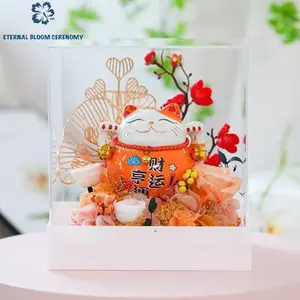 Preserved Rose Glass Dome with Lucky Cat LED Table Lamp, Feng Shui Decor Ornament, Ambient Light Centerpiece for Home Decor & Prosperity Gifting