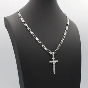 Silver Crucifix Necklace: 5mm Figaro Chain, Medium Sized Necklace for Men, Lifetime Replacement Guarantee, Rhodium Plated
