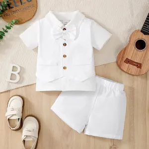 Ready Stock 1-18M Baby Boys Baptism Outfit Short Sleeve Shirt Splicing Fake Two Pieces Vest with Bow Tie Cotton Shorts 42403097 Summer Gift Set cute clothes set