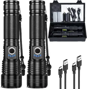 Rechargeable Super Bright LED Tactical Flashlight 2 Pack Type-C , Waterproof with Power Indicator, for Camping Emergency，Camping，Home Emergency，Security Patrol