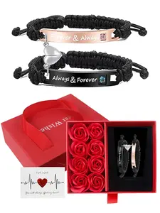 Couple Wristbands with Rose Everlasting Flower Gift Box, Heart Rings, Promise Bracelets, Valentine's Day Gifts for Him Her