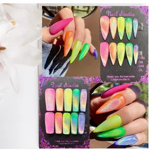 Luxury Design Neon Rainbow Bright Cateye 10 PCS Handmade Acrylic Press On Nails - Premium Quality, Available in Various Sizes and Shapes
