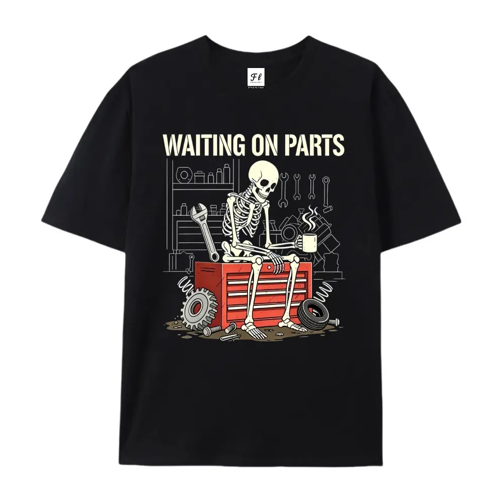 Unisex 'Waiting On Parts' Mechanic T-Shirt, Funny Skeleton Graphic Casual Tee in Sweat-Wicking Combed Cotton, Short Sleeve Crew Neck Top, Tshirt, Shortsleeve, Round Neck, Menswear